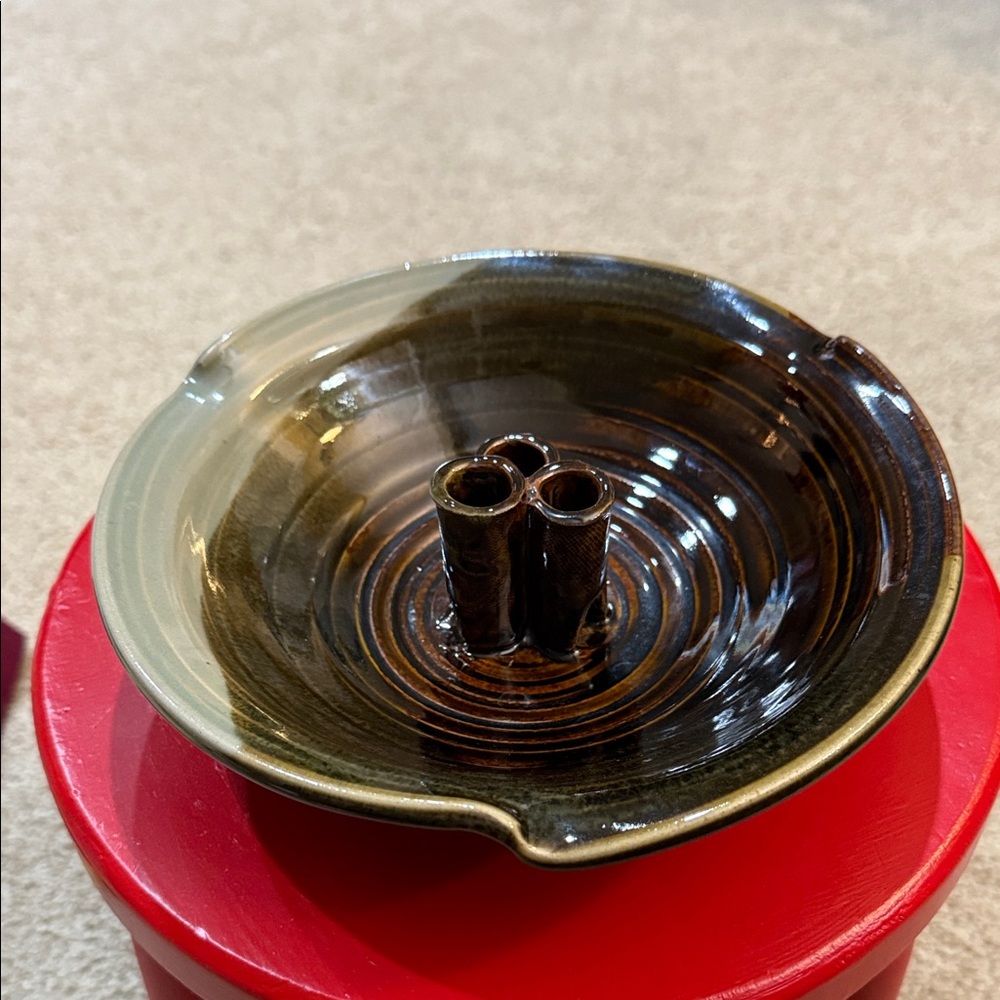 Ikebana glazed pottery bowl vase marked Noah brown & gray-blue. Handmade